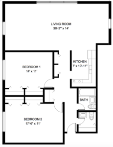 Cherokee Westlawn Apartments Two Bedrooms with One and a Half Bathroom Corner 860 Sq Ft Floor Plan