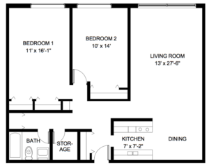 Cherokee Westlawn Apartments Two Bedrooms with One Bathroom 780 Sq Ft Floor Plan