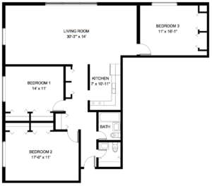 Cherokee Westlawn Apartments Three Bedrooms with One and a Half Bathroom Corner 1200 Sq Ft Floor Plan