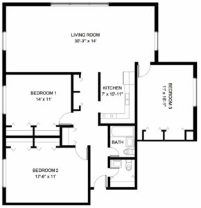 This is an image of a floor plan for a standard Three Bedrooms with One and a Half Bathrooms Corner apartment offered by Cherokee Westlawn Apartment in Kalamazoo Michigan. This floor plan is approximately 1200 Sq Ft of living space.